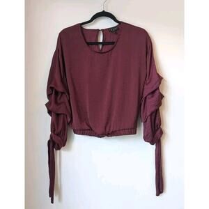 OLM 3/4 Crop Top Womens Casual Puff Sleeve Mock Blouse Burgundy Size Small